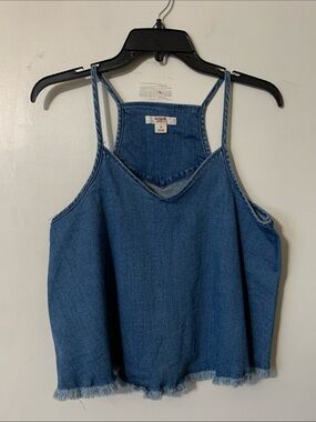 Denim Frayed-Hem Camisole Top - Blue tank top